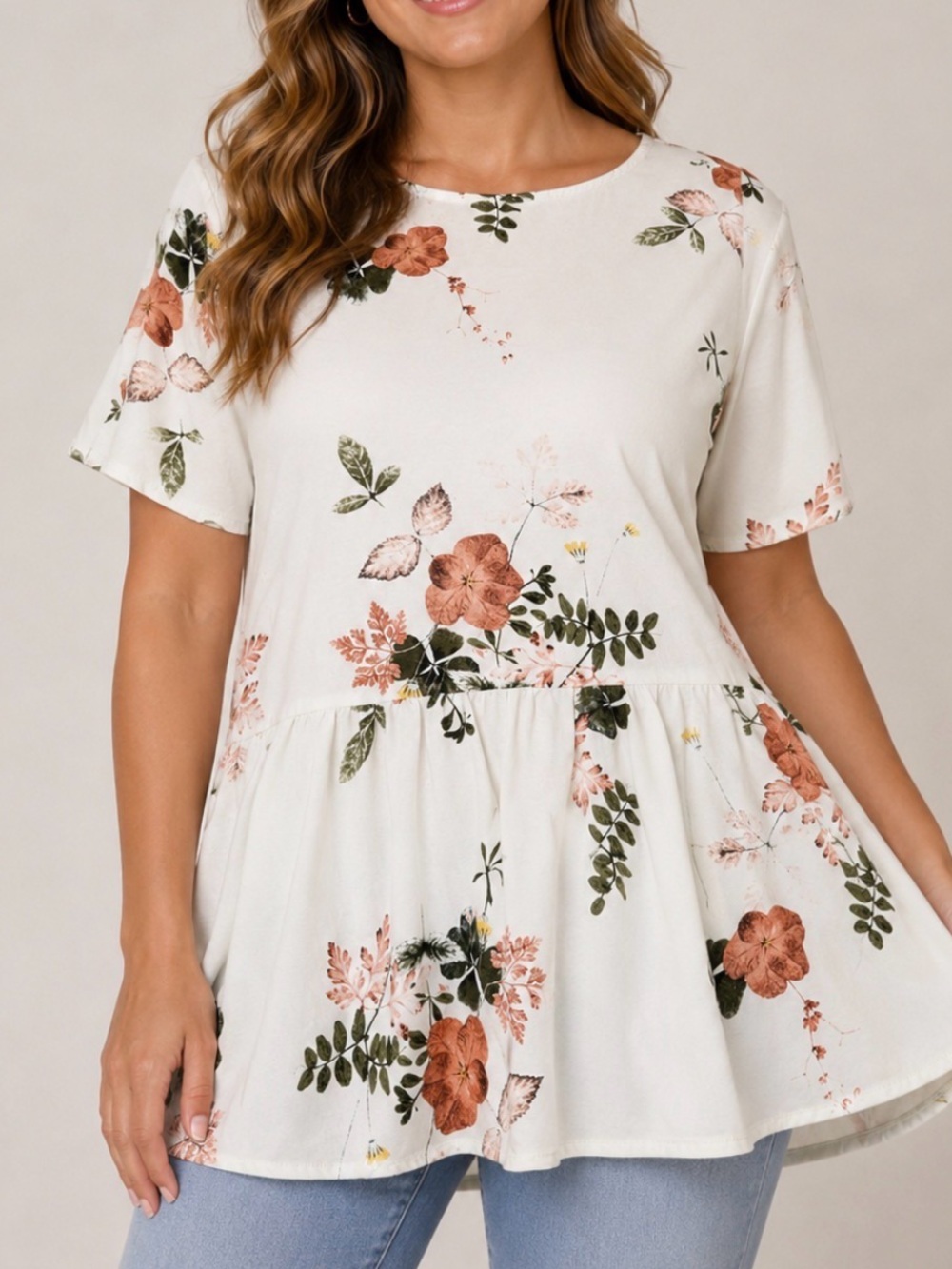 Emberly White Floral Peplum Top with Rust & Green Blooms babydoll SZ SM l